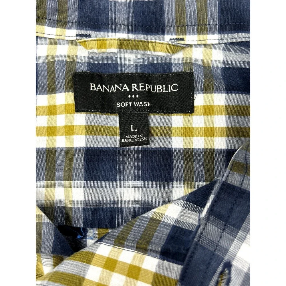 Banana Republic Blue‎ Gold Plaid Long Sleeve Button-Up Cotton Shirt Mens L